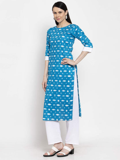 GoSriKi Women's Blue Cotton Straight Kurta with Plazzo (ARIA Blue)