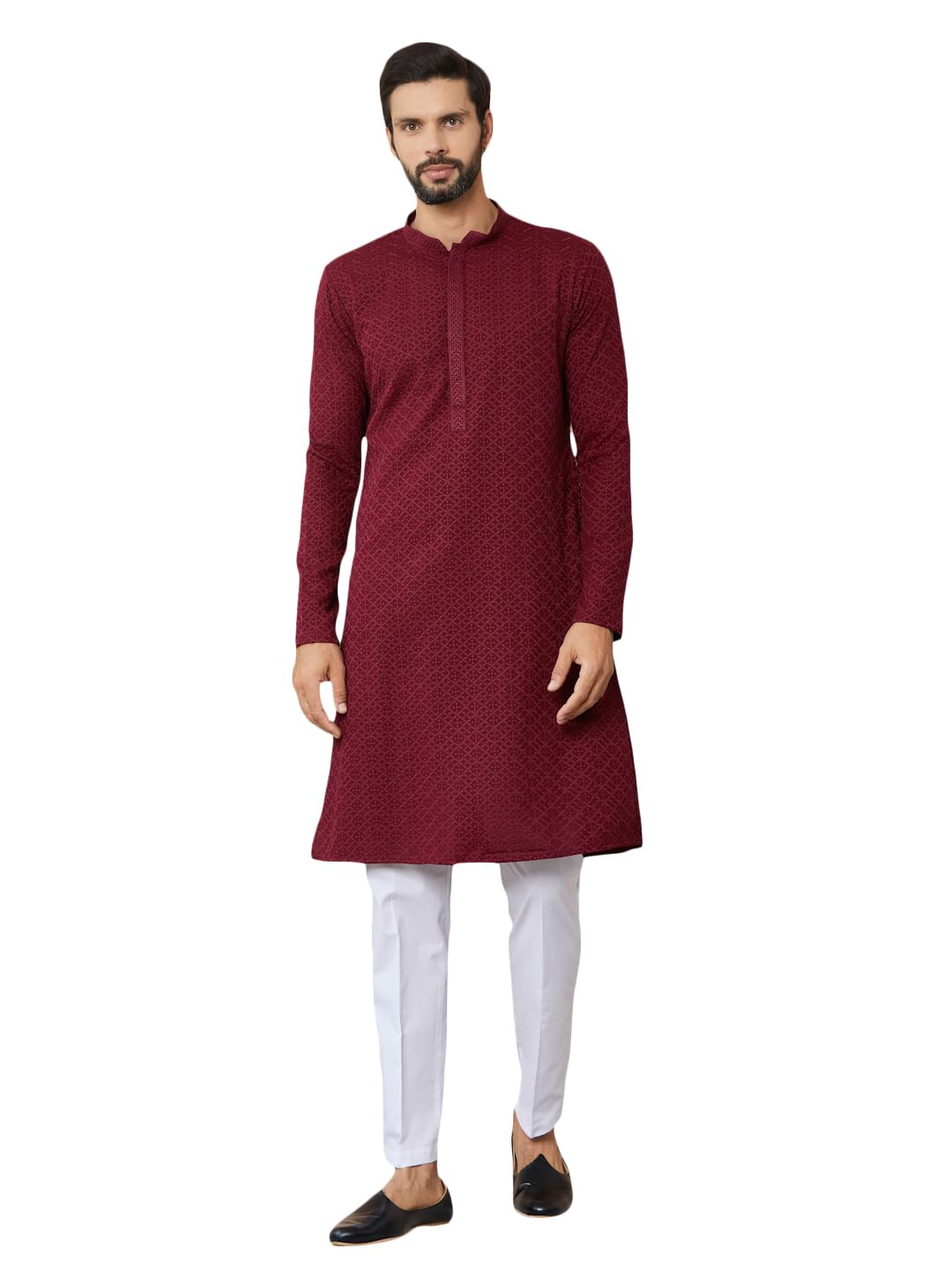See Designs MenS Long Sleeve Mandarin Collar Side Slit Maroon Embroidered Chikankari Rayon Straight Kurta With Pyjama - Sdkt256