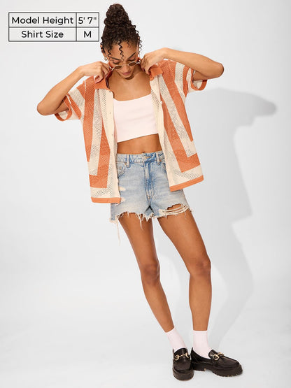 The Souled Store Apricot Sherbet Women and Girls Short Sleeves Collared Neck Button Front Open Knit Structured Boyfriend Shirts