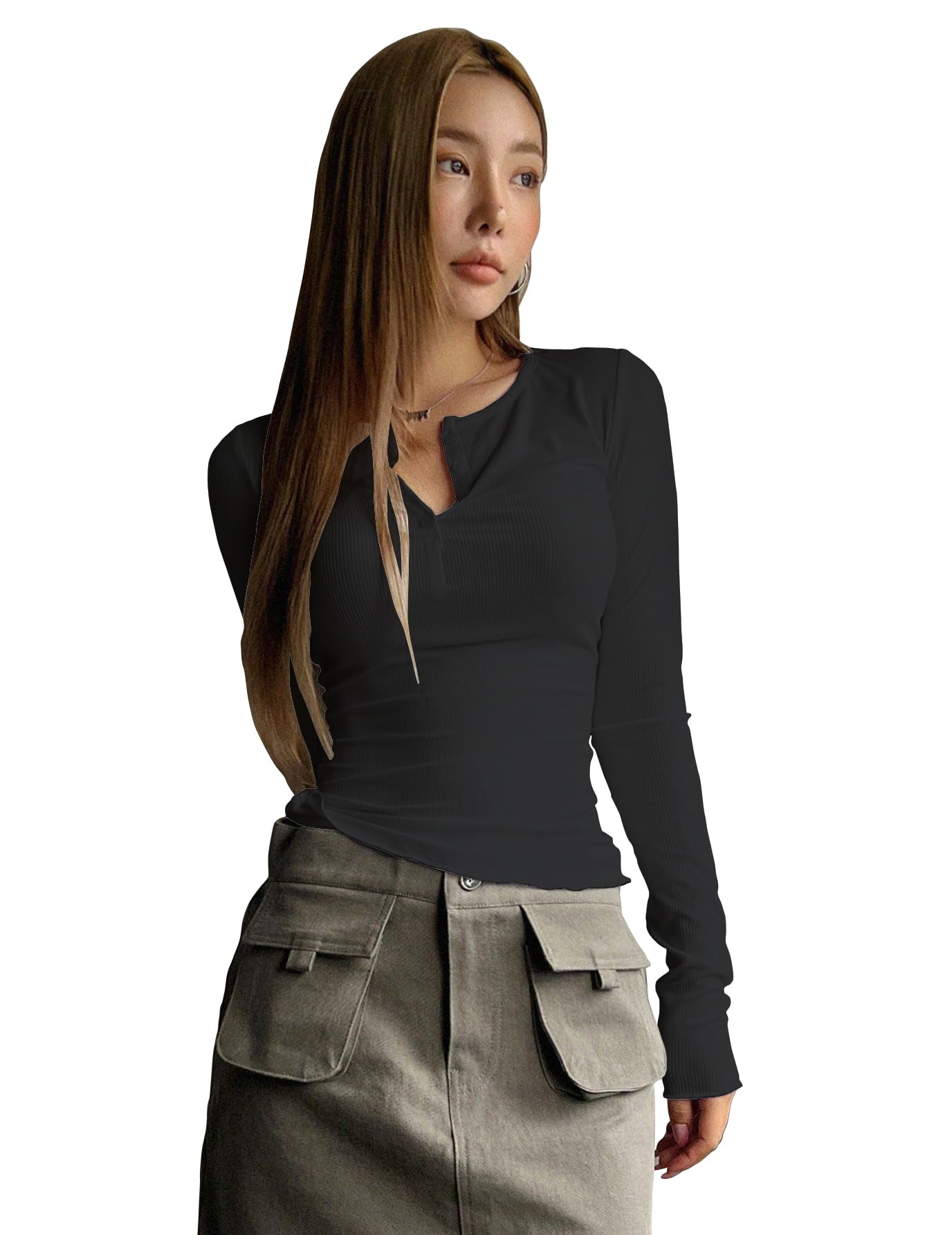 Shasmi Womens & Girls Black and Brown Long Sleeve Round Neck Solid Color Ruched Workwear Casual Top Half Button Down Henley T-