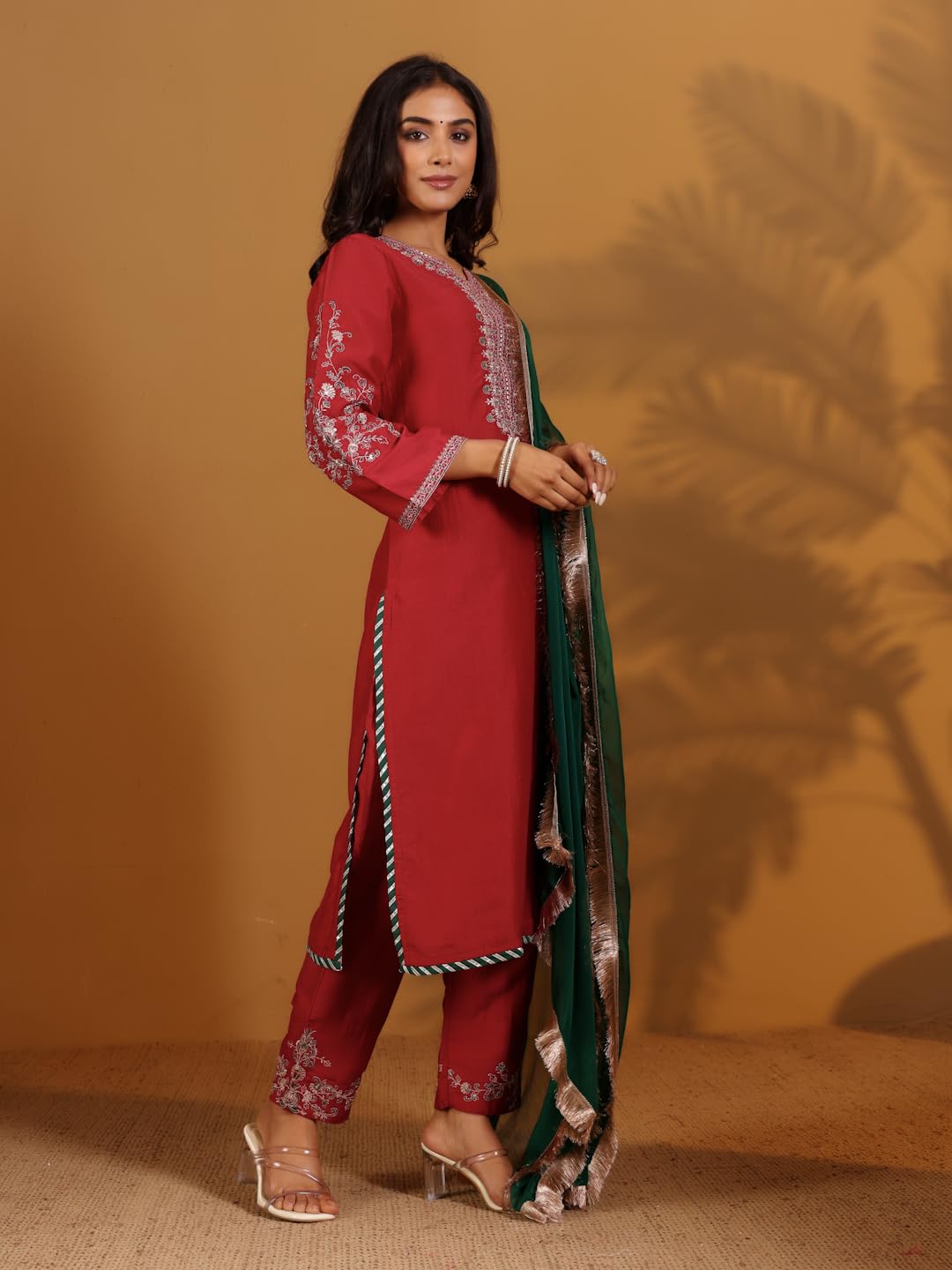 Varanga Zari & Sequin Thread Yoke Embroidered Straight Kurta Paired With Tonal Embroidered Bottom And Contrast Dupatta With Frin