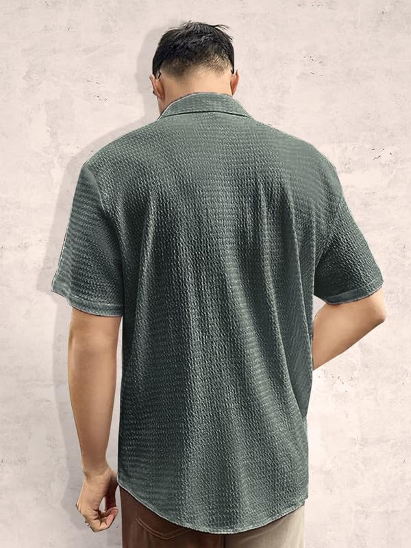 Tee Projekt Mens Popcorn Shirt Texture Pattern Mens Casual Shirt Half Sleeves Goa Beach Summer Shirt Olive
