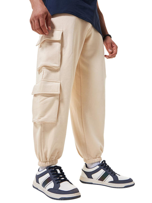 Bewakoof Mens Solid Super Loose Fit Cotton Blend Mid Rise Cargo Joggers_ 617456 Beige S
