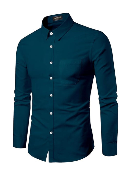 Mildin MenS Regular Cotton Blend Blue Slim Fit Solid Button Down Spread Collar Full Sleeve Curved Hemline Formal Shirt With One