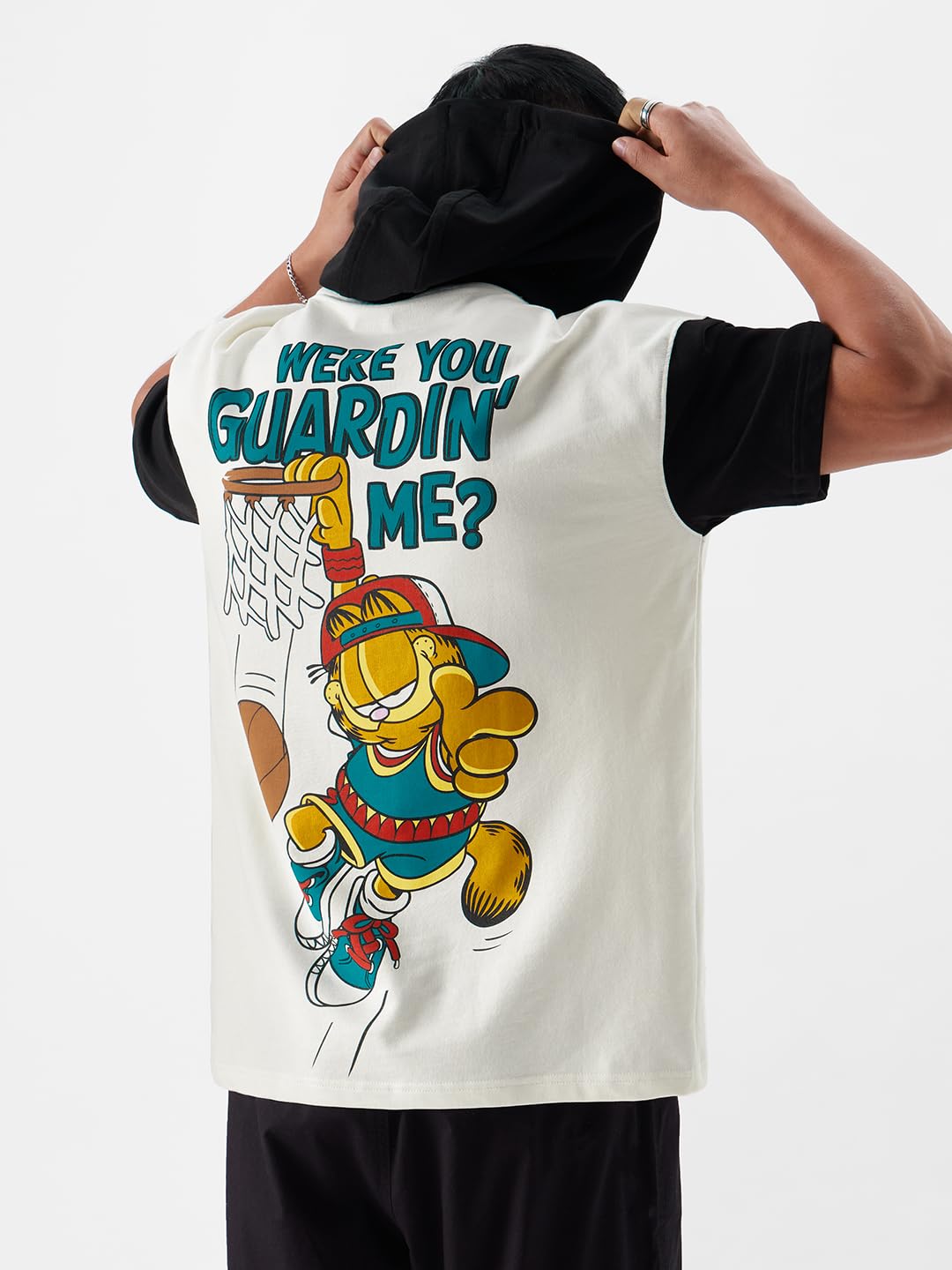 The Souled Store Garfield: Guarding Me? Men and Boys White and Black Graphic Print Short Sleeve Pull On Oversized Fit Hooded T-S