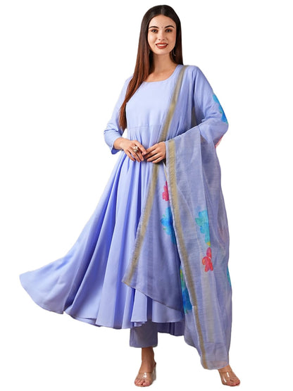 Gosriki WomenS Cotton Blend Anarkali Solid Kurta With Pant & Dupatta (Saniba Purple-Gs_Xxl_Purple_Xx-Large)