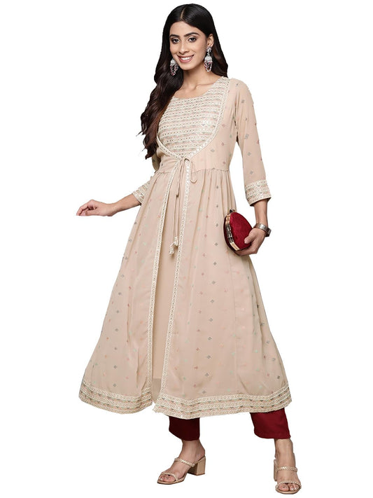 ishin Women's Silk Embellished Off White A-Line Kurta