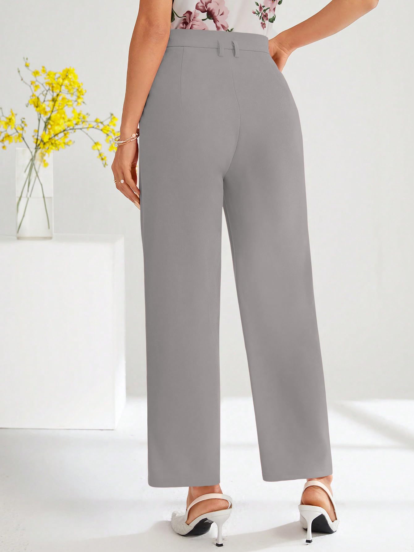 Shasmi Womens Light Grey High Waist Pleated Straight Leg Trousers  Elegant Solid Color Work Pants with Pockets, Casual Office We