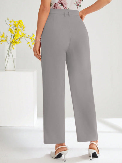 Shasmi Womens Light Grey High Waist Pleated Straight Leg Trousers  Elegant Solid Color Work Pants with Pockets, Casual Office We