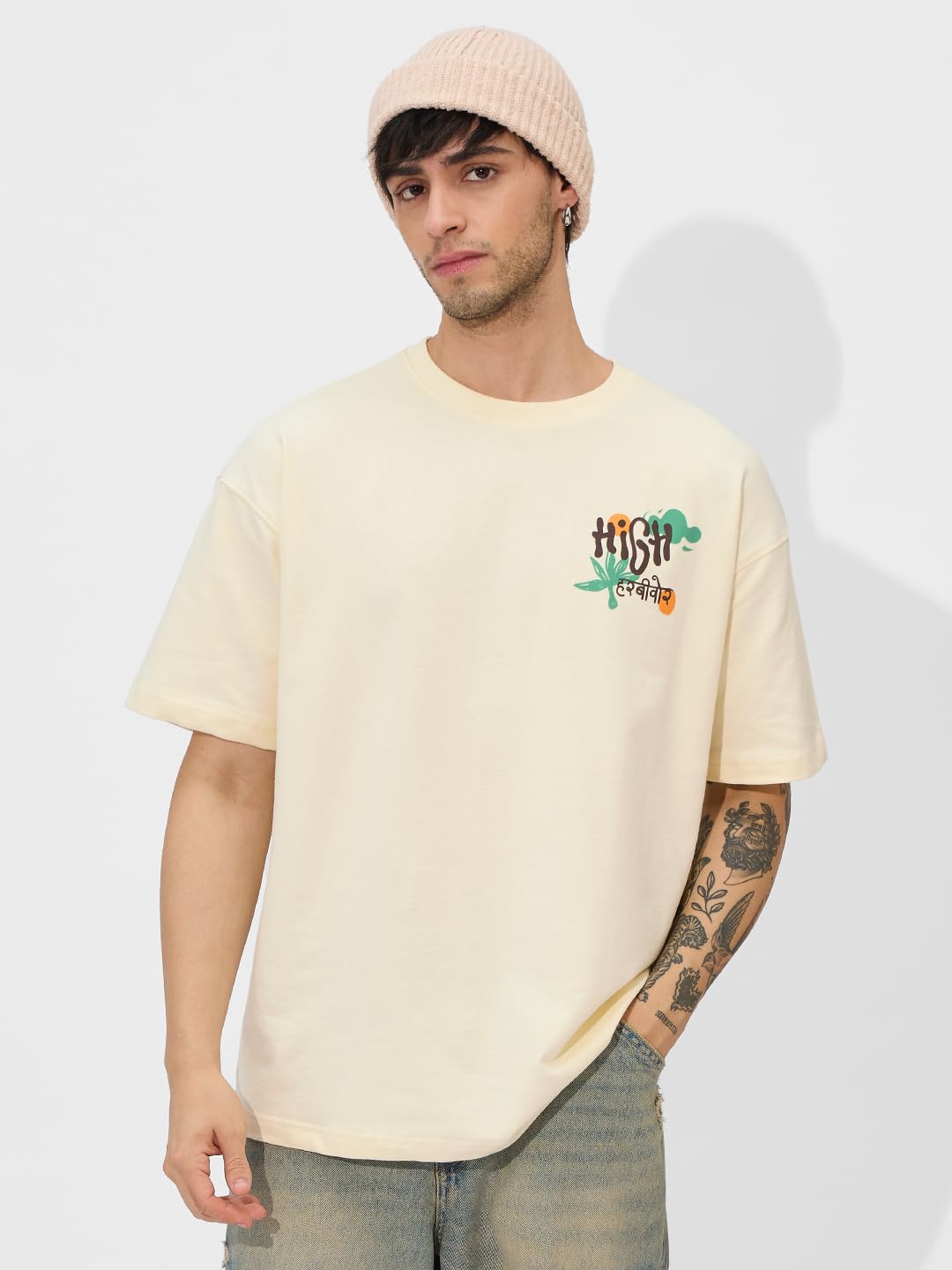 The Souled Store Naturally High Men and Boys Short Sleeves Round Neck Graphic Printed Cotton Oversized T-Shirts Yellow