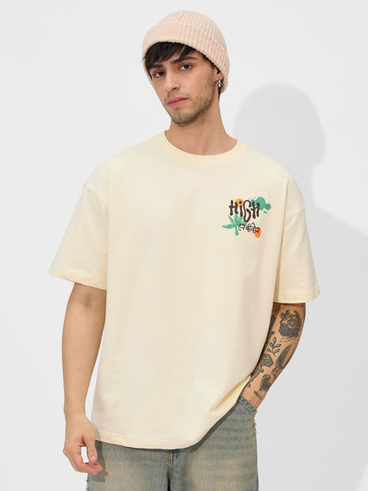 The Souled Store Naturally High Men and Boys Short Sleeves Round Neck Graphic Printed Cotton Oversized T-Shirts Yellow