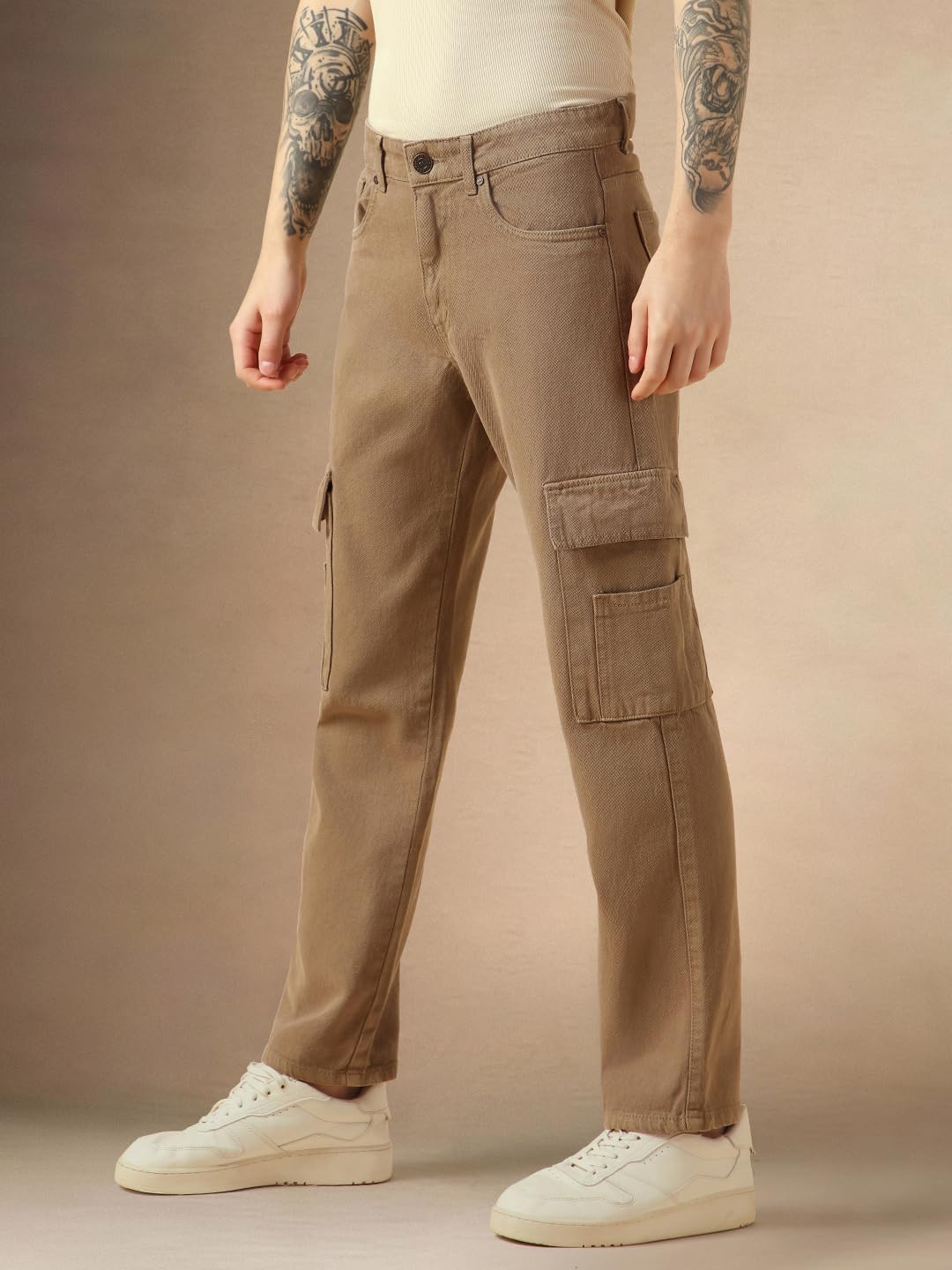 Dennis Lingo Mens Beige Cotton Relaxed Fit Mid-Rise Casual Jeans DLMJNMJJ24008_BE