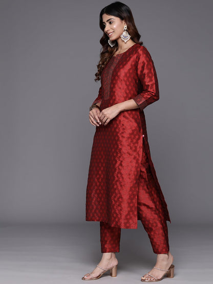 Varanga Women Maroon Woven Zari Embroidered Straight Kurta With Bottom And Dupatta, Round Neck, Zari Work At Placket, Three-Quar