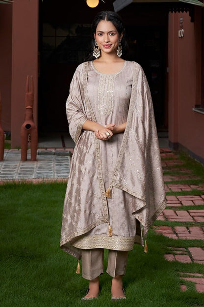 Wedani Vichitra Silk Kurta Set for Women Grey