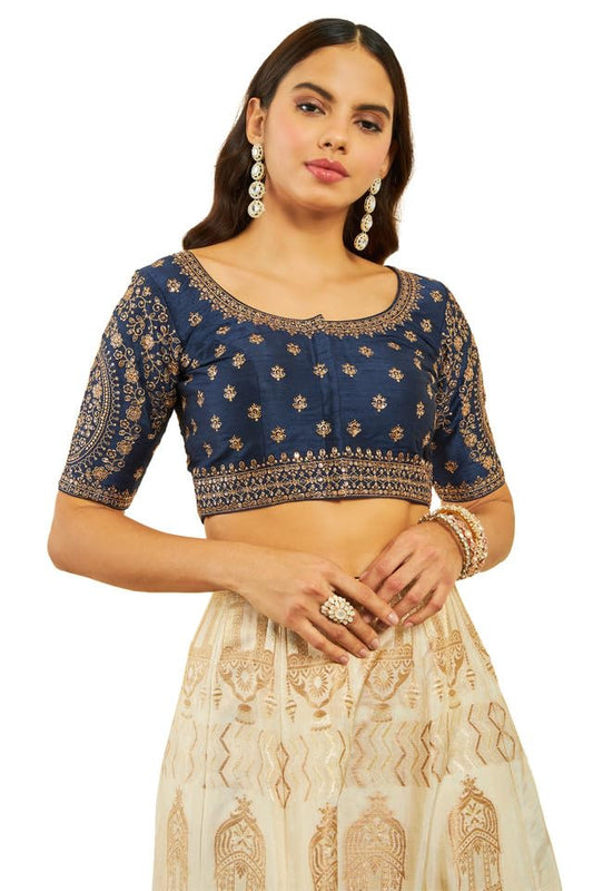 Soch Womens Navy Blue Tussar Embroidered Front-Open Blouse With Sequin Embellishments