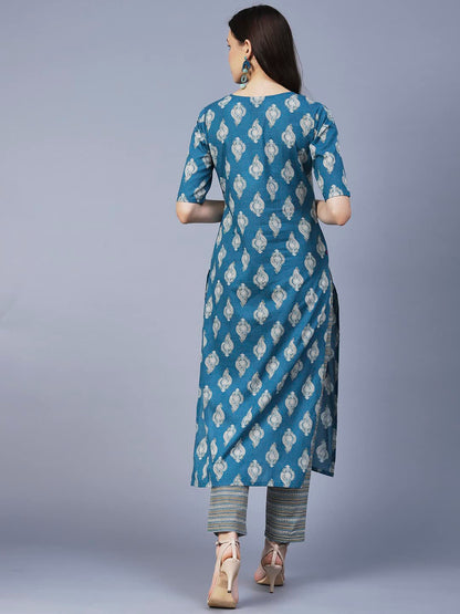 GoSriKi Women's Cotton Blend Printed Straight Kurta with Pant (SHAGUN-GS)