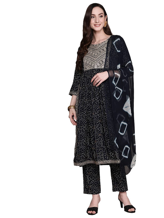 ishin Women's Viscose Rayon Navy Blue Ethnic Motifs Embroidered Sequinned A-Line Kurta suit set with Trousers & Dupatta