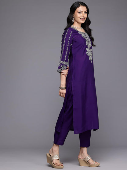 Varanga WomenS Silk Navy Blue Zari Embroidered Kurta Set With Dupatta