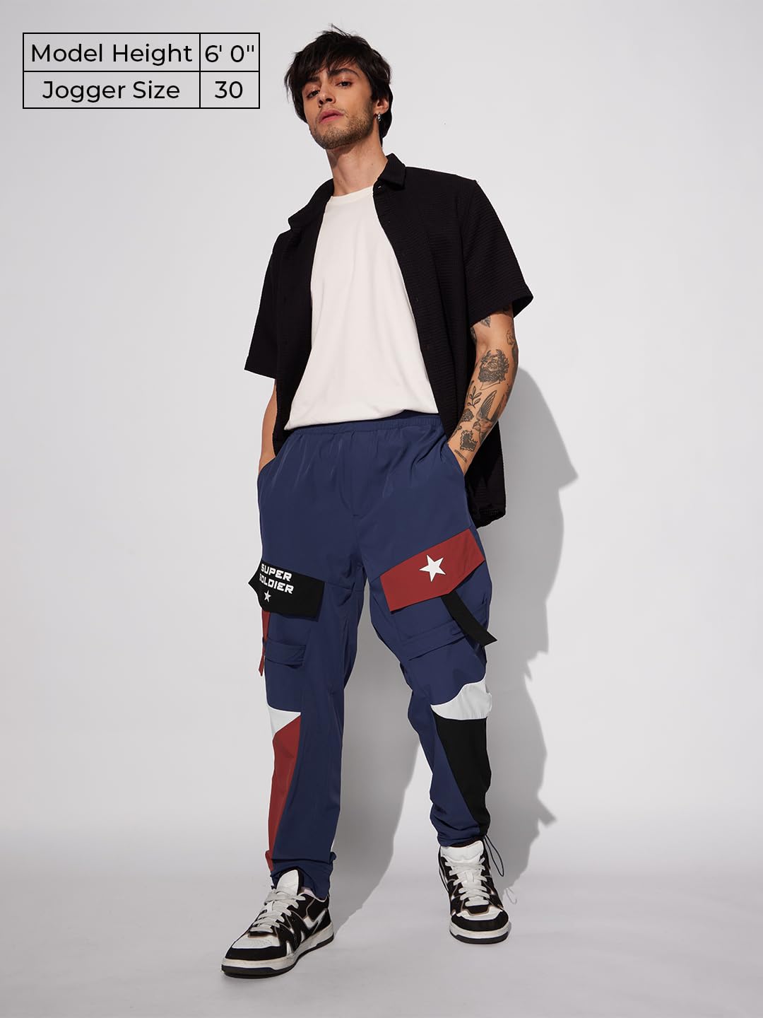 The Souled Store Official Captain America: Super Soldier Men and Boys Drawstringed Blue Baggy Fit Cargo Joggers