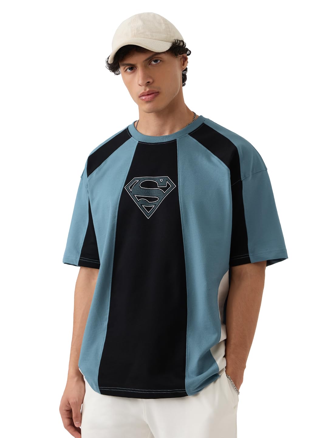 The Souled Store Superman: Pixel Logo Men and Boys Short Sleeves Round Neck Black Graphic Printed Cotton Oversized T-Shirts