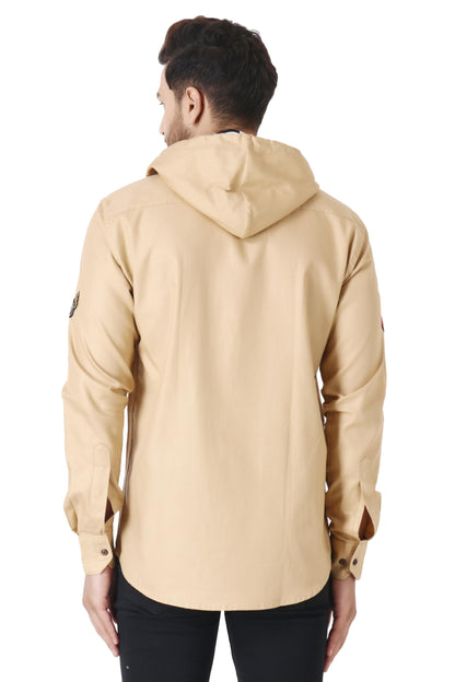 Besix MenS Brown Tailored Fit Cotton Blend Shirt For Man With Hoodie - Casual Long Sleeve Shirt With Pockets - Patch Detail For