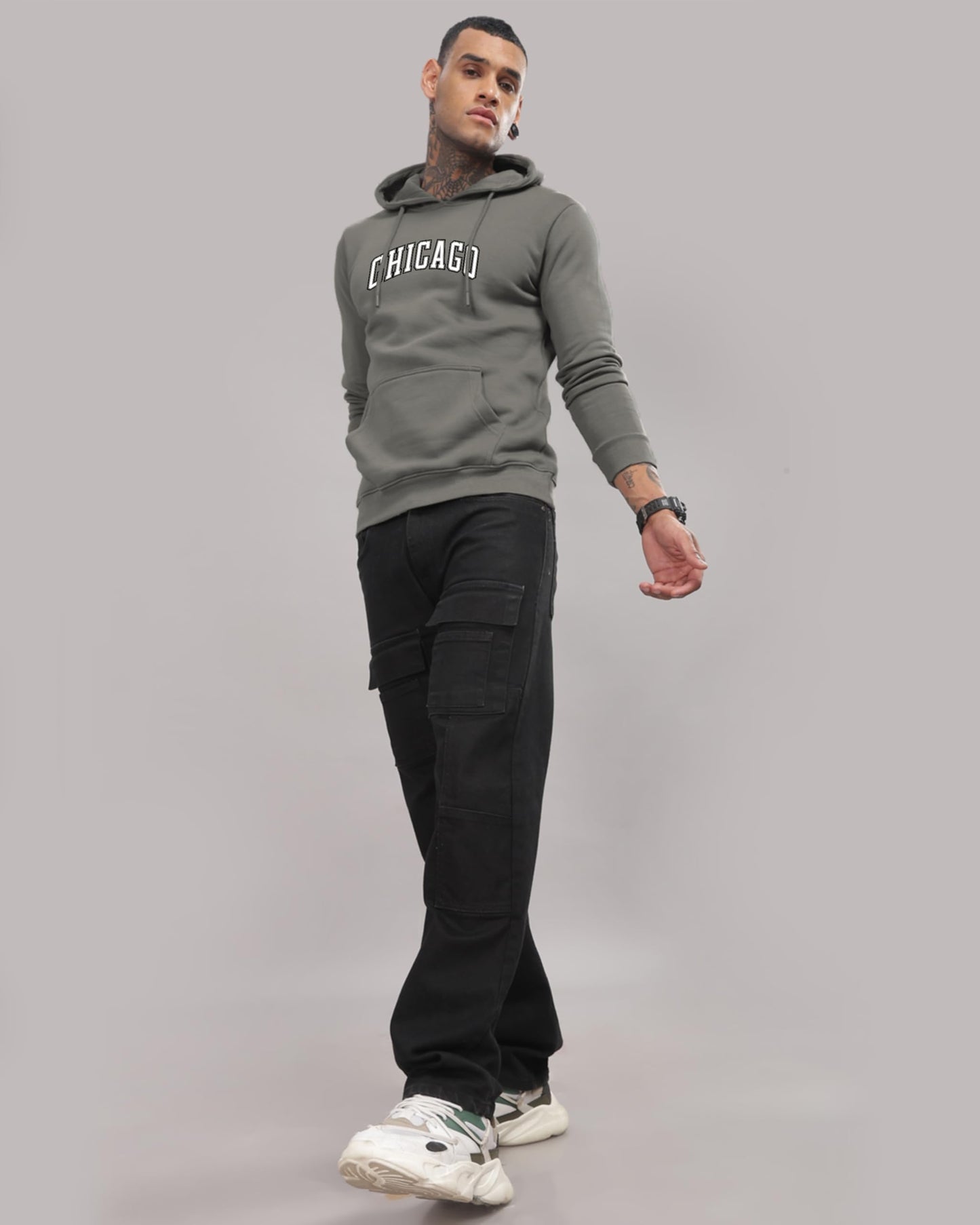 ADRO Men's Cotton Neck Hooded Sweatshirt (H24-CAGO-SG_Steel Grey