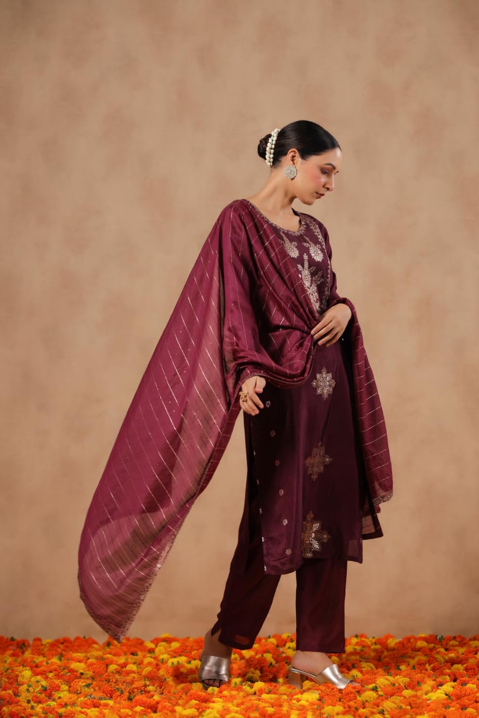 ishin Women's Poly Silk Self Design Magenta Straight Kurta Suit Set with Trousers and Dupatta