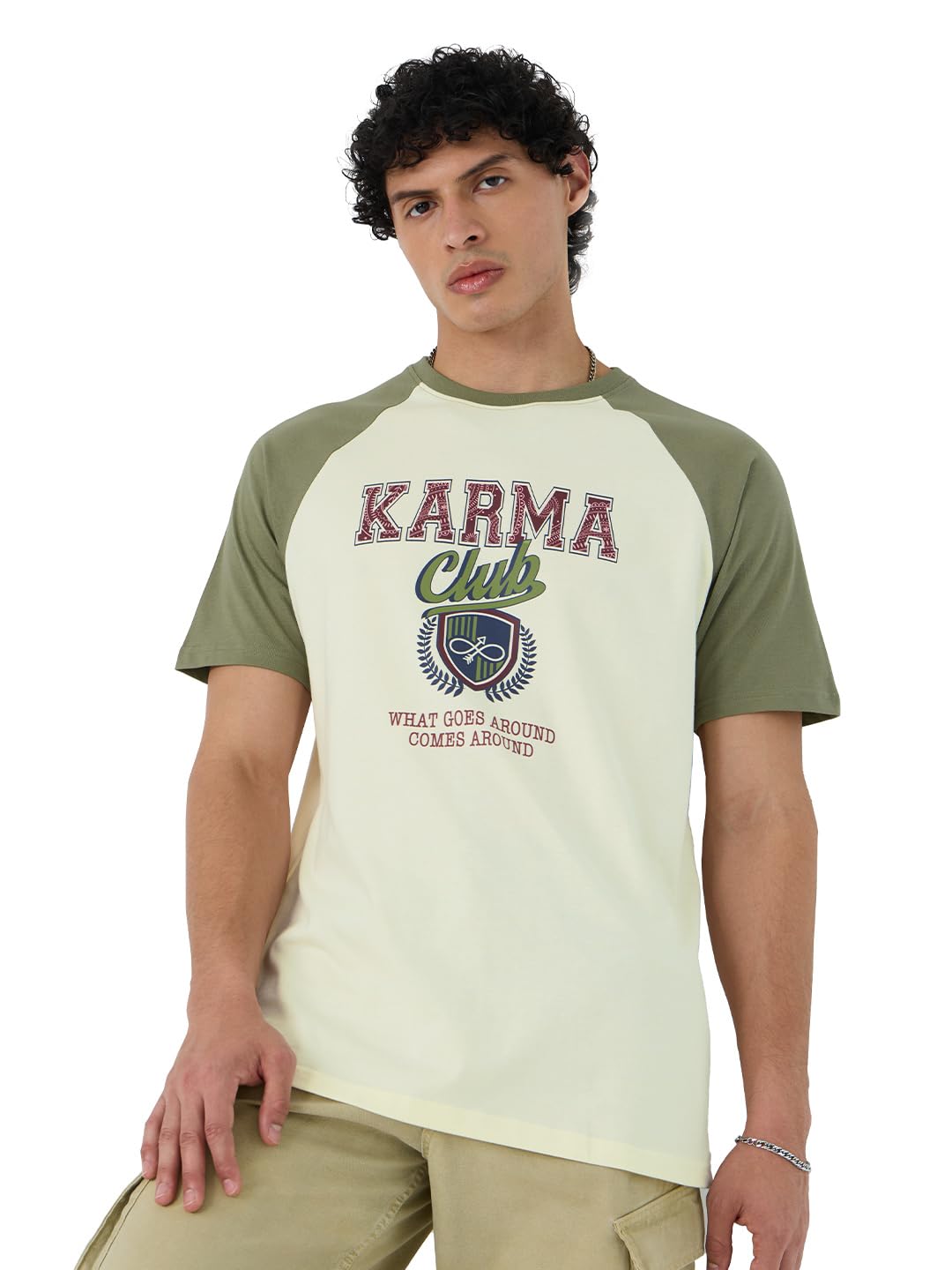The Souled Store Karma Men and Boys Short Sleeves Round Neck Green Graphic Printed Regular Fit Cotton T-Shirts