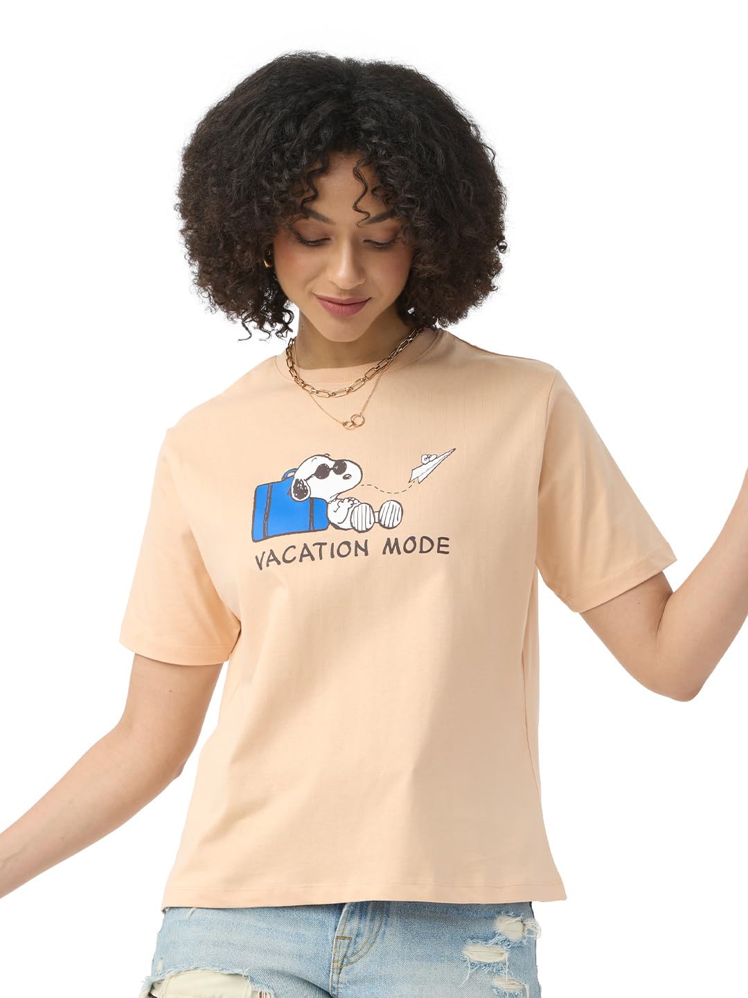 The Souled Store Peanuts: Vacation Mode Women and Girls Short Sleeves Round Neck Beige Graphic Printed Cotton Relaxed Fit T-Shir