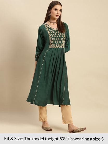 rangita Green Viscose Blend Calf Length Embroidered Flared Kurti for Women | Kurta for Women