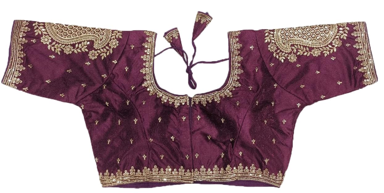 Pujia Mills Womens Readymade Blouse Embroidery Golden Zari Coding Sequence Thread Work Indian Ethnic Designer Stitched Half Slee