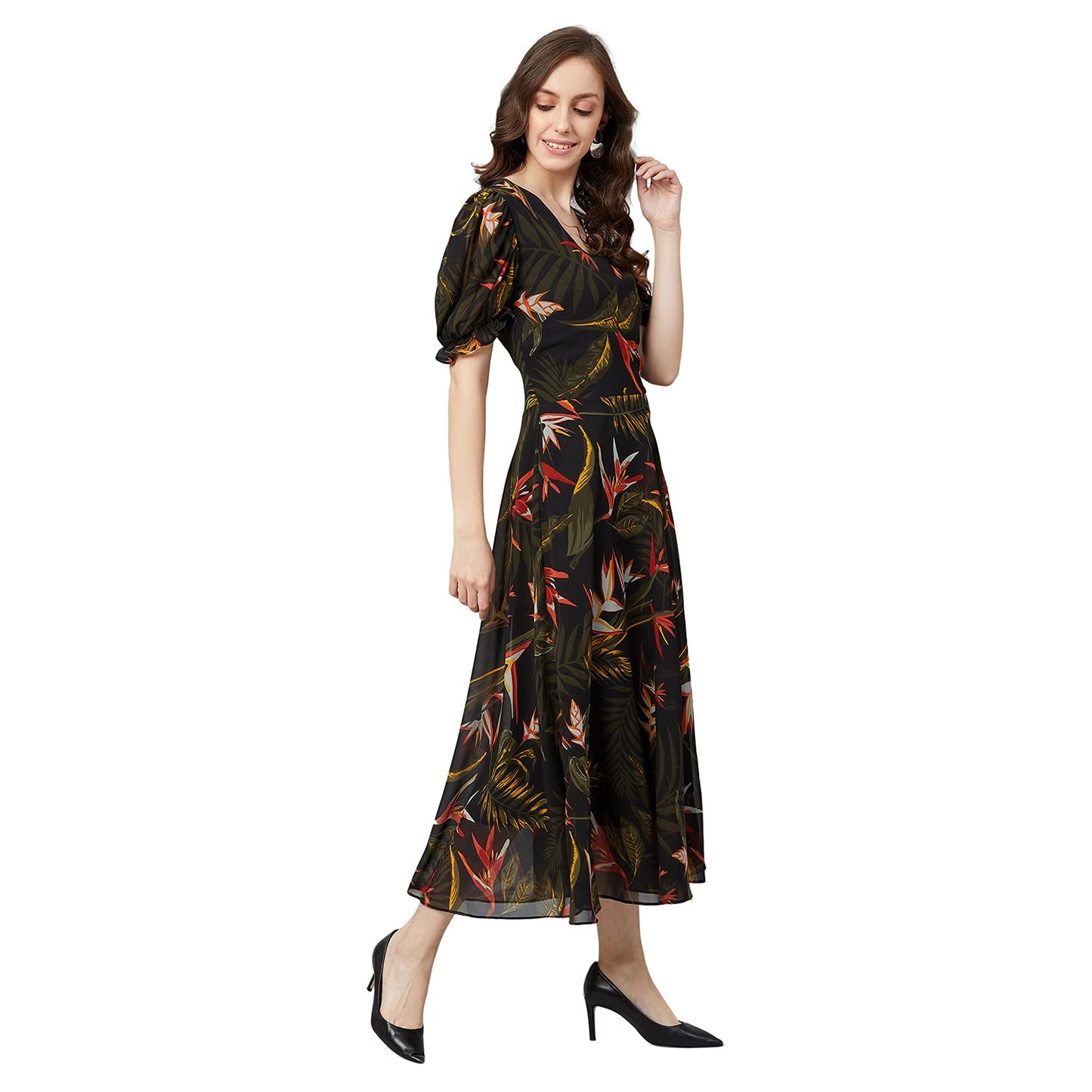 Rare Women'S Georgette Fit And Flare Midi Casual Dress (Ep6504_Black)