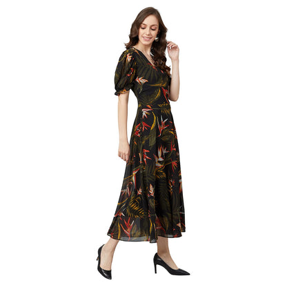 Rare Women'S Georgette Fit And Flare Midi Casual Dress (Ep6504_Black)