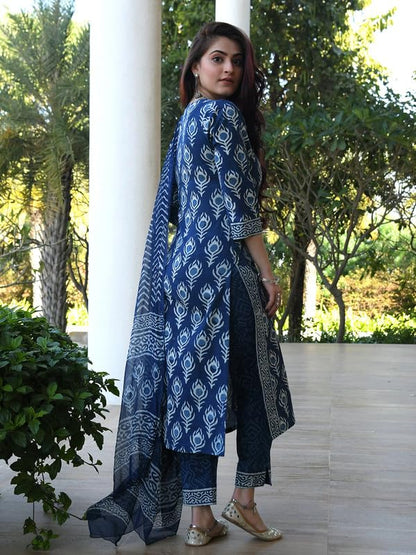 Pinkmint Indigo Printed Kurta Set for Women ll Kurta Pant & Dupatta Suit Set