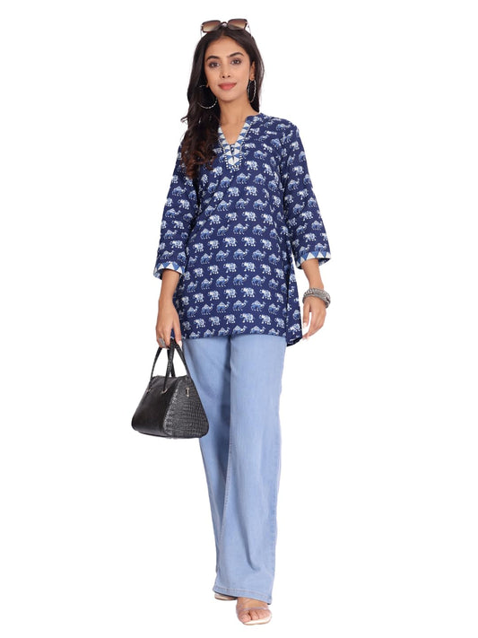 Varanga Women Handblock Printed Mandarin Collar Short Tunic Blue