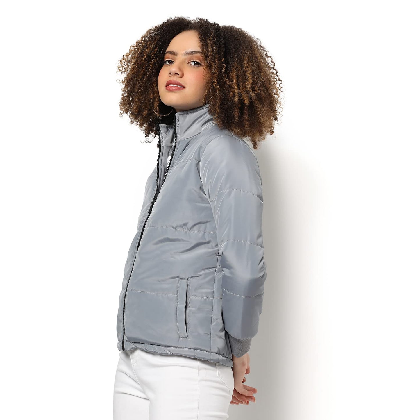 Campus Sutra Women Grey Puffer Regular Fit Bomber Jacket For Winter Wear | Standing Collar | Full Sleeve | Zipper | Casual Jacke
