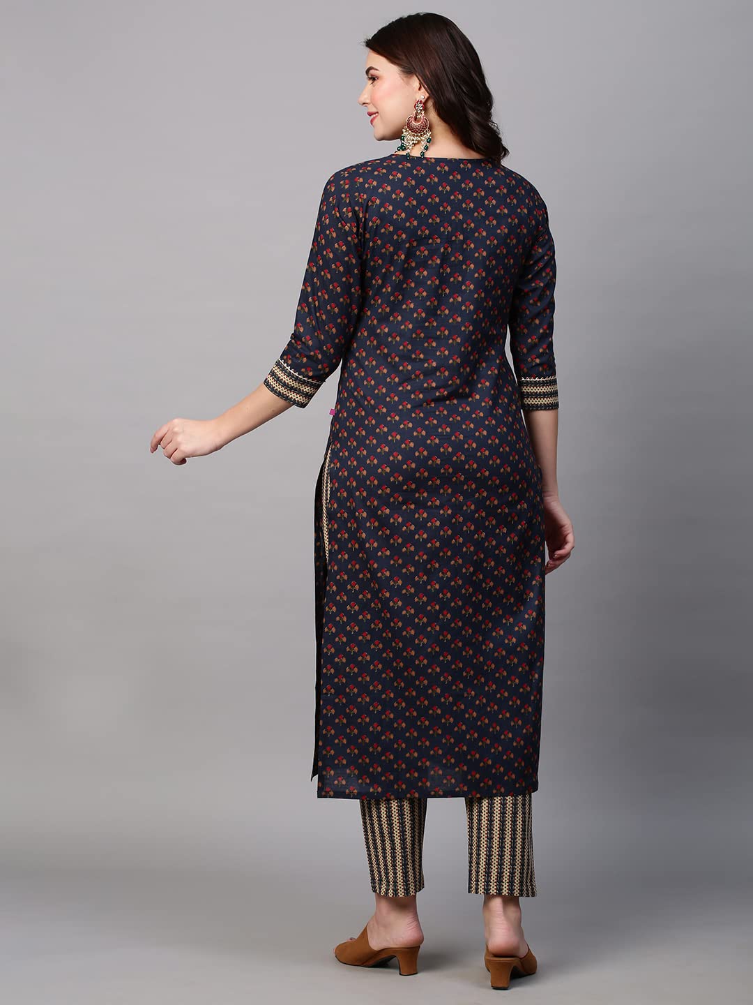 ANNI DESIGNER Women's Cotton Blend Traditional Straight Printed Kurta with Pant Set (Satku Blue-FBF001_S_Blue_Small)