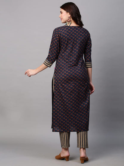 ANNI DESIGNER Women's Cotton Blend Traditional Straight Printed Kurta with Pant Set (Satku Blue-FBF001_S_Blue_Small)