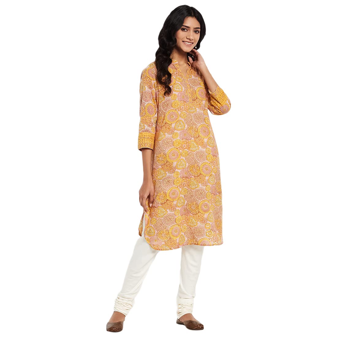 Fabindia Women Printed Knee Length Kurta Cotton_Xs Yellow