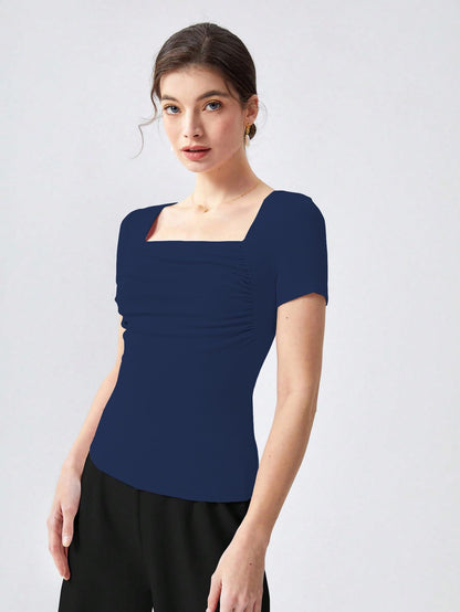 Shasmi Womens & Girls Navy Blue Womens Summer Square Neck Solid Color Ruched Tee Workwear Pleated Casual t-Shirt for Women (T