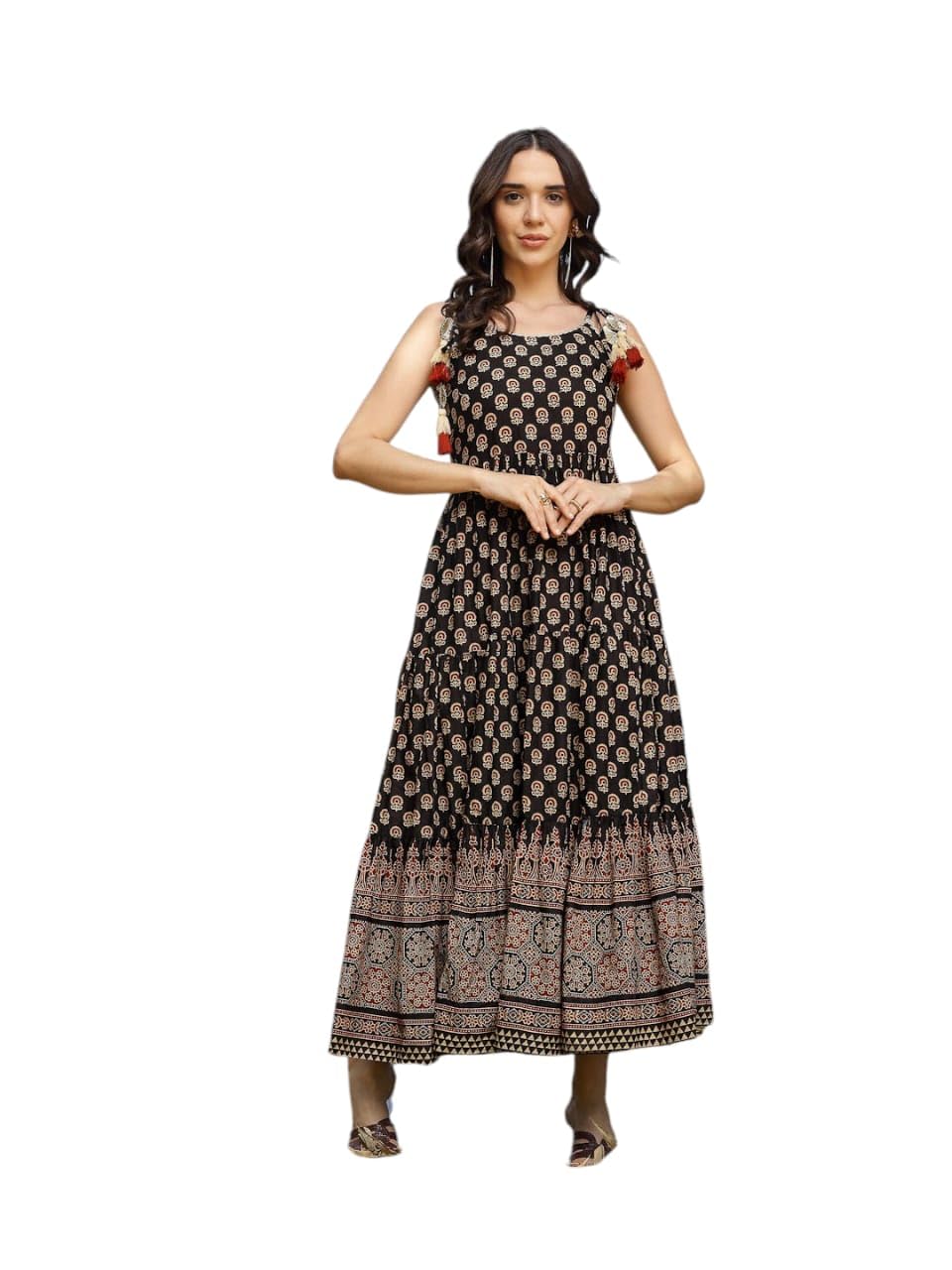 Stylum Womens Ethnic Printed Cotton Tiered Dress Black