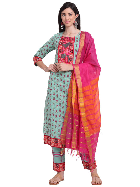 ANNI DESIGNER Women's Cotton Straight Kurta with Pant & Dupatta (DONA SEA Green)