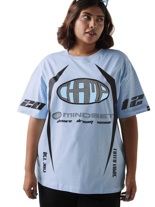 Bewakoof Women Graphic Print Oversized Fit Half Sleeve Round Neck Cotton Jersey Plus Size Tshirt_654537_Blue_6XL