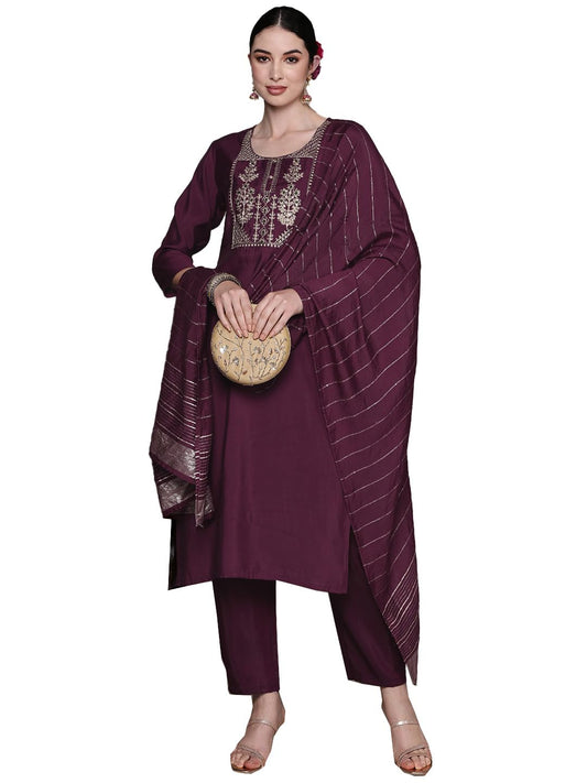 anubhutee Women's Silk Blend Embroidered Purple Straight Kurta Suit Set with Pants