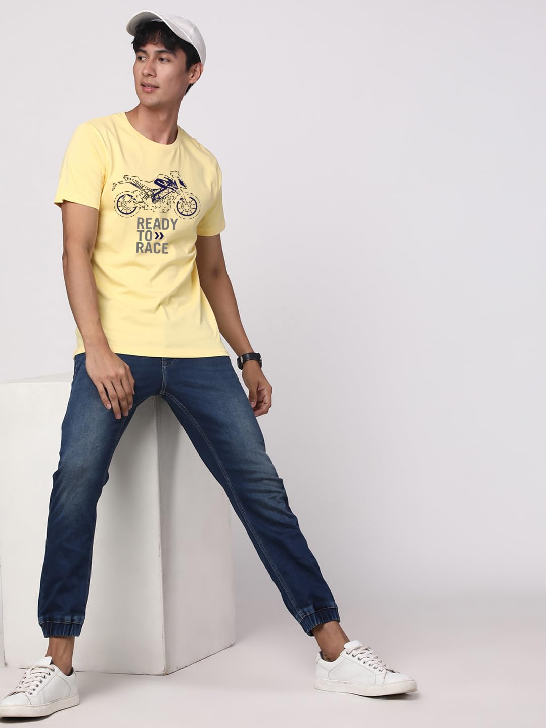 ADRO Men's Biker Design Printed 100% Cotton T-Shirt - Regular Fit, Printed T-Shirts for Men (RN24-KTM-LY_Light Yellow)