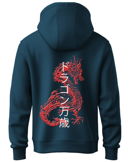 ADRO Mens Hoodies with Hail The Dragon Puff Backside Printed, 100% Cotton 340GSM. (H23-M-DRA-SB_Teal)