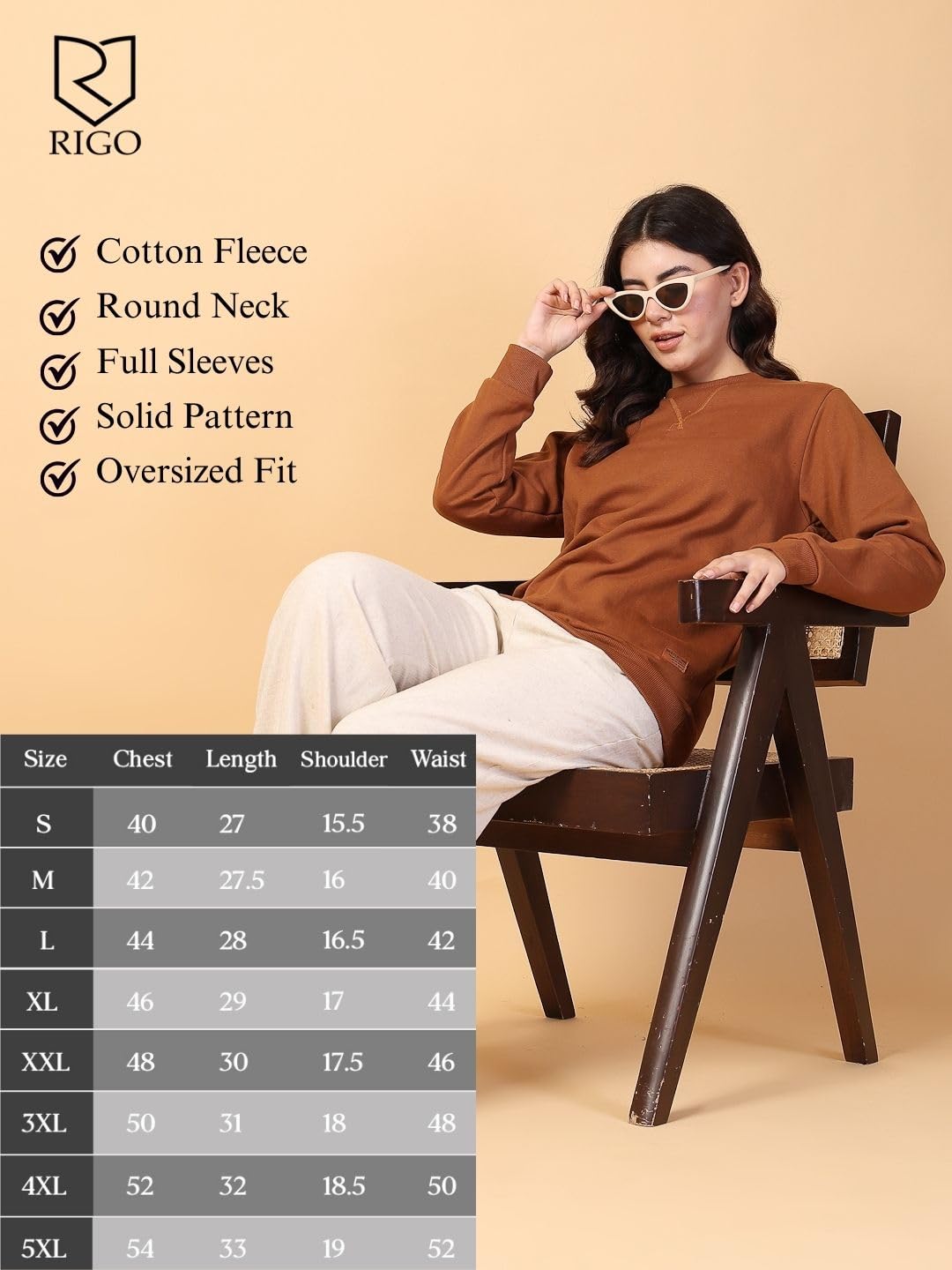 Rigo Cotton Fleece Printed Oversized Sweatshirt for Women | Full Sleeves Womens Oversized Sweatshirt | Pullover for Women Brown