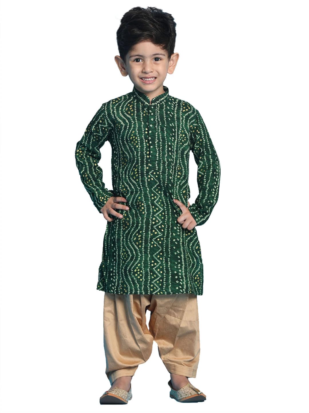 VASTRAMAY Boys Green and Rose Gold Kurta Patiala Set | Gold Bandhani And Foil Print Rayon Kurta With Pyjama for Navratri, Diwali