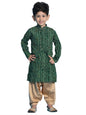 VASTRAMAY Boys Green and Rose Gold Kurta Patiala Set | Gold Bandhani And Foil Print Rayon Kurta With Pyjama for Navratri, Diwali