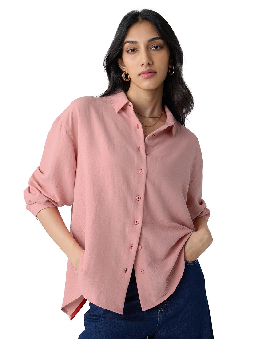 The Souled Store Textured Shirt: Rose Pink Women and Girls Long Sleeves Collared Neck Button Front Viscose Blend Boyfriend Shirt